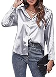 Langarm-Weiße Hemden für Damen V-Ausschnitt Blusen Seidenartige Oberteile Satin-Hemden mit Frontknopf für Damen Büroarbeit Business Party Wear Silber M