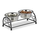 Relaxdays Hunde-Napfset mit Halterung, Napfständer Hunde & Welpen, 2 Edelstahlnäpfe je 300 ml, Futterbar, schwarz/Silber