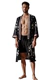 Ellives Houndstooth Kimono Herren Bademantel - Lang Seiden Schlafmantel Männer Nachtwäsche Satin Morgenmantel Robe Mode Bademantel Schwarz
