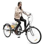 24 Zoll Dreirad für Erwachsene, 6 Gänge Cruise Cityräder mit Einkaufskorb bis, fahrradpolster Sattel Rückenlehne Tricycle, Erwachsene City Tricycle Fahrrad, für Fahrten Outdoor Aktivitäten, Schwarz