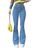 Hohe Taille gestreifte Bell Bottom Jeans für Frauen Stretchy Saum Raw Vintage Wide Leg Flared Denim Pants (Blau,XXL)