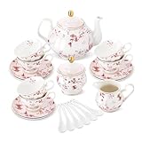 fanquare 21 Stück Britische Porzellan Teeservice mit Gold Rand, Rosa Herbstblätter Blumen Kaffeeservice für Frauen Tee Party, 6 Teetasse und Untertassen für Kaffee nach Hause Hochzeit