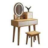 Massivholz-Schminktisch-Set mit 4 Schubladen, Hockerleuchten und ovalem Spiegel, nordischer Stil, Schlafzimmer, Make-up-Schreibtisch (Holz/Weiß)