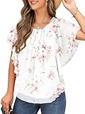 QIXING Chiffon Kurzarm Bluse Damen Sommor Top Damen Elegant Rundhals-Ausschnitt Batwing Sleeve T Shirt Fledermausärmel Tunika (Pfirsich Weiß, XL)