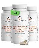 3x Myo Inositol & Mönchspfeffer hochdosiert – 270 vegane Frauen Vitamine Kapseln mit L-Carnitin, Folsäure, B6, B12, Eisen & Zink - Vitex Agnus Castus - laborgeprüft, gluten- & laktosefrei - vitaworld