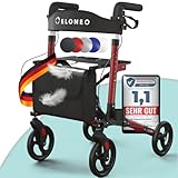 ELONEO Rollator faltbar und leicht mit Sitz, Leichtgewicht-Reiserollator aus Aluminium, Gehhilfe 8-fach höhenverstellbar, Laufhilfe 3-fach faltbar für Kofferraum, Tasche & Schirmhalter Rot