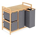 iEGrow Wäschekorb 4 Fächer 150L, Wäschesammler 4 Fächer, Bambus Wäschewagen mit Ablage für Schmutzwäsche, Push-Pull Wäschesack aus Oxford-Gewebe, 2 x 50 L, 2 x 25L Grau Wäschebox