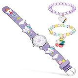 DIKACA Einhorn Uhr Satz mit Verstellbarem Armband und Sichtbaren Ziffern Lilafarbenes Cartoon Design Inklusive 2 Einhorn Armbändern Kinderuhr Geschenk für Mädchen