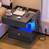 AOGLLATI Nachttisch mit Steckdose Nachtschrank mit LED-Beleuchtung Nachtkommode mit 2 Schubladen und Verstecktem Schiebeschrank,Beistelltisch für Schlafzimmer Wohnzimmer (1, Schwarz, 45x35x44.5cm)