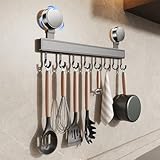 FERCOSEN Hakenleiste Küche ohne Bohren mit Saugnapf | 8～12 Haken, 40～60 cm lang, 20 kg Tragfähigkeit, 1-Minuten-Installation | Abnehmbare rostfreie hakenleiste für Küchenutensilien