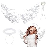 Engels Flügel Kostüm Weiß, 60cm Engelsflügel mit Heiligenschein Weißen Flügeln und Zauberstab, Engelsflügel Deko für Halloween Karneval Cosplay Party Fasching