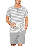 Marvmys Schlafanzug Herren Kurz Streifen Sommer Pyjama Set Baumwolle Nachtwäsche Männer Kurzarm T-Shirt Pyjamahose mit Tasche