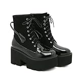 FhiHUEpr Damen Gothic Punk Plateau Stiefel - Mode Front Schnürung Motorrad Kampfstiefel für lässige Outfits, Konzertveranstaltungen,Schwarz,35 EU