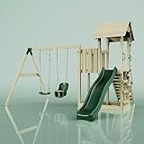 Rebo Spielturm mit Wellenrutsche, Kinder-Schaukel und Baby-Schaukel | Outdoor Klettergerüst Garten mit Plattform | Kletterseil und Kletterleiter | Stabile Konstruktion