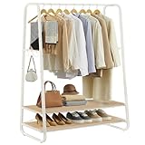 VASAGLE Kleiderständer, Garderobenständer, Garderobe, 2 Ablagen, 6 Haken in S-Form, Stahlgestell, für Schlafzimmer, Flur, Eingangsbereich, eichenfarben-cremeweiß RGR112W09