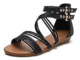 Pexuya Damen Frauen Bohemian Sommerschuhe PU Leder Römisch Flach Sandalen S94 (Schwarz, 38)