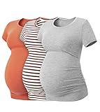 LAPASA Damen 3 er Pack Umstandstop Umstandsmode Umstandskleidung Tops Schwangerschaft Kurzarm Umstands T-Shirt L55, Orange, Rot gestreift, Grau, M