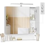 VASAGLE Badezimmerschrank mit LED-Beleuchtung, 16,5 x 70 x 75 cm, Steckdosen, Hängekorb, Haartrockner-Halter, Spiegelschrank, Badschrank, Wandschrank, für Badezimmer, wolkenweiß BBK126W01