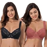 Curve Muse Übergröße Ungefüttert Bügel Spitzen-BH mit gepolsterten Schultergurten-2er Pack-Rose,Schwarz-90D