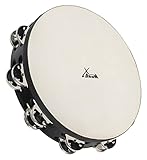 XDrum TMF10-BK 10' Tambourin mit Fell - 10' großes Tamburin - 16 Paar Edelstahlschellen - Doppelreihig - Selektiertes Naturfell - Holzrahmen aus Ahorn - Ergonomischer Griff - Schwarz