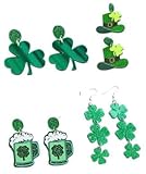 4 Paar St. Patrick's Day Ohrringe, St Patricks Day Deko Grüne Kleeblatt, Bierhut & Hufeisen Designs, Acryl Schmuck für Frauen, Mädchen, Irischer Glücksschmuck, Perfekt für St. Patrick's Day Festival