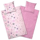 Aminata kids Bettwäsche Biber Sterne rosa 135x200 Kinder Baumwolle Sternen-Motiv, Reißverschluss warm & kuschelig, Flanell-Winter-Bettwäsche-Set - Wendebettwäsche rosa weiß