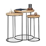 Relaxdays Beistelltisch 3er Set, runde Ablage, Satztische in 3 Größen, ineinander stellbar, Metall und Mangoholz, natur, H x D: ca. 56 x 41 cm