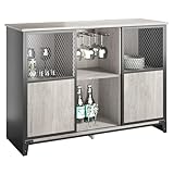 Bestier Industrie Bar-Schrank für Spirituosen und Gläser mit schiebbarer Metallgittertür Küchenbeistelltisch Buffet mit Weinregal und verstellbarem Regal Home Bar Möbel Grau
