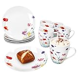 MamboCat Marie 12tlg Frühstücksset I Porzellan-Geschirr mit Blumenwiese-Dekor für 6 Personen I Je 6x Teller & Becher 320ml für Frühstücks- & Kaffeezeit