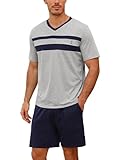 Nieery Pyjama Herren kurz Baumwolle V Ausschnitt Herren Schlafanzug Herrenschlafanzüge Shorty Schlafanzughose Herren kurz Nachtwäsche Schlafanzug Jungen lustig mit Tasche