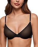INLYRIC Damen Transparent BH mit Bügel Sexy Mesh Soft BHS Tiefer Ausschnitt Vorne Nahtlos Balconette Schwarz 80B
