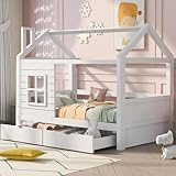 DUlVBPE Hausbett Kinderbett Jugendbett 90 * 200 mit Rausfallschutz vielseitiges Holz Kinderbett für Jungen & Mädchen, Massivholz Kinder Bett mit Rausfallschutz Fenster und Lattenrost, Weiss
