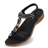 Littleplum Sandalen Damen Sommer Sandaletten Strand Zehentrenner Bohemian Flip Flops(Schwarz,39EU)