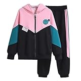 linboo Kinder Jogginganzug Mädchen Sportkleidung Set Sweatjacke und Jogginghose Sportanzug Trainingsanzug Activewear, Schwarz, 140(Herstellergröße: 150)