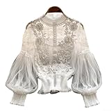 Honseadek Damen-Spitzenbluse mit einzigartigen Puffärmeln, Netz-Top für Damen, langärmelig, Stehkragen, durchsichtige Bluse, florale Spitze, elegant (Einheitsgröße, weiß)