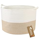 HMF XXL Wäschekorb aus Baumwolle, runder Aufbewahrungskorb mit Griffen | 55 x 35 cm | Weiß-Braun