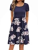 Zeagoo Sommerkleid Damen Elegant Blumenkleid Kurzarm Eckige Ausschnitt A Linie Casual Strandkleid Leichte Knielang Tunika Kleider mit Taschen Blumenkleider Frühling Blumen Navy Blau M