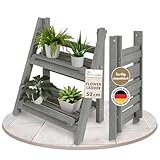 TTL Home Blumentreppe Flower Ladder S 52x41x24cm hellgrau - 2-Stufen Blumenleiter dekorativ & wetterfest aus Massiv Holz - Pflanzenregal für Wohnung Balkon Terrasse Outdoor & innen klappbar