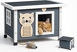 zooprinz Premium Holz Katzenhaus – Katzenkiste mit Dach zum Öffnen, Fenster und Schwingtür – Sisalband an der Katzenbox – Wetterfest für Garten/Balkon – Innen- und Draußen Hütte (Grau-Weiß, Standard)