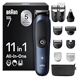 Braun All-in-One Trimmer-Set 7, 11-in-1 Multigroom, Barttrimmer, Nasenhaartrimmer, Haarschneidemaschine für Gesicht, Kopf und Körper, 120 Min Akku, 14 Längen (3–21 mm), Wasserdicht, AIO7540, Blau