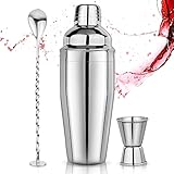 Cocktail Shaker Set 750ml Cocktailshaker Martini Shaker mit eingebautem Sieb - Professionelles Edelstahl Barkeeper Set inkl Messbecher, Bar-Löffel - Für Martini, Margarita & Mixgetränke, Silber