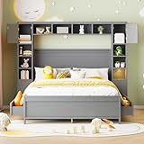 Schrankbett 140x200 cm, Wandbett mit Lattenrost, Murphy Bed mit 4 Schubladen und großem Stauschrank, Vertikal Massivholzbett Funktionsbett Bettschrank Doppelbett Bettgestell, Ohne Matratze, Grau