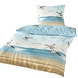 Traumschlaf Seersucker Sommer Bettwäsche 100 % Baumwolle • Maritimes Möwen-Motiv • Bügelfrei, Atmungsaktiv & Pflegeleicht • Mit Reißverschluss 135x200 cm + 80x80 cm