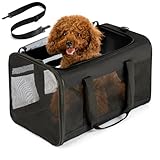 Conlun Hundetransporttasche – Weichwandige Tragetasche mit 4-Seitigem Mesh für Kleine Hunde & Große Katzen bis 9kg, Klappbare Reisetasche mit Atmungsaktivem Design in Größe L–Schwarz
