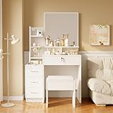 Dripex Schminktisch Frisiertisch mit Spiegel Hocker, Kosmetiktisch mit 4 Schubladen und offenen Fächern Frisierkommode, Weiß