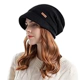 Enwokran Damen Strickmütze Beanie Mütze Gefüttert Fleece mit Krempe Baskenmütze Warme Schirmmütze für Winter (Schwarz)