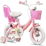 Glerc Maggie 14 Zoll Kinderfahrrad Alter 2 3 4 5 6 7 Jahre alt Mädchen Fahrrad Prinzessin Stil mit Puppen-Sitz & Korb & Stützräder & Glocke für Geburtstag,Rosa bis Weiß