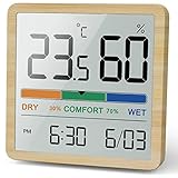 NOKLEAD Hygrometer Innenthermometer - Digitalanzeige mit Temperaturüberwachungssensor, kleines genaues Feuchtigkeitsmesser mit Uhr für Babyzimmer Küche Gewächshaus (Wood Grain)