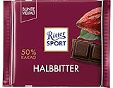 Ritter Sport Halbbitter (12 x 100 g), Bitterschokolade mit 50% Kakao, zart-herbe, dunkle Tafelschokolade, Schokolade aus edlen Kakaobohnen