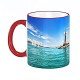 KDWJS Tasse Keramik Kaffeetassen Große 11oz Tassen 330ml Trinkgläser Mit Griff Personalisierte Geschenk Weiß,Leuchtturm, Tag, Strand, Segelboote, Felsen, klares Meer, Wolken, l, seelandschaft